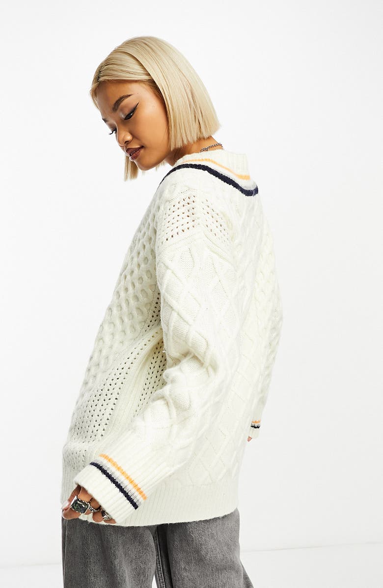 ASOS DESIGN V-Neck Cable Knit Varsity Sweater, Alternate, color, 