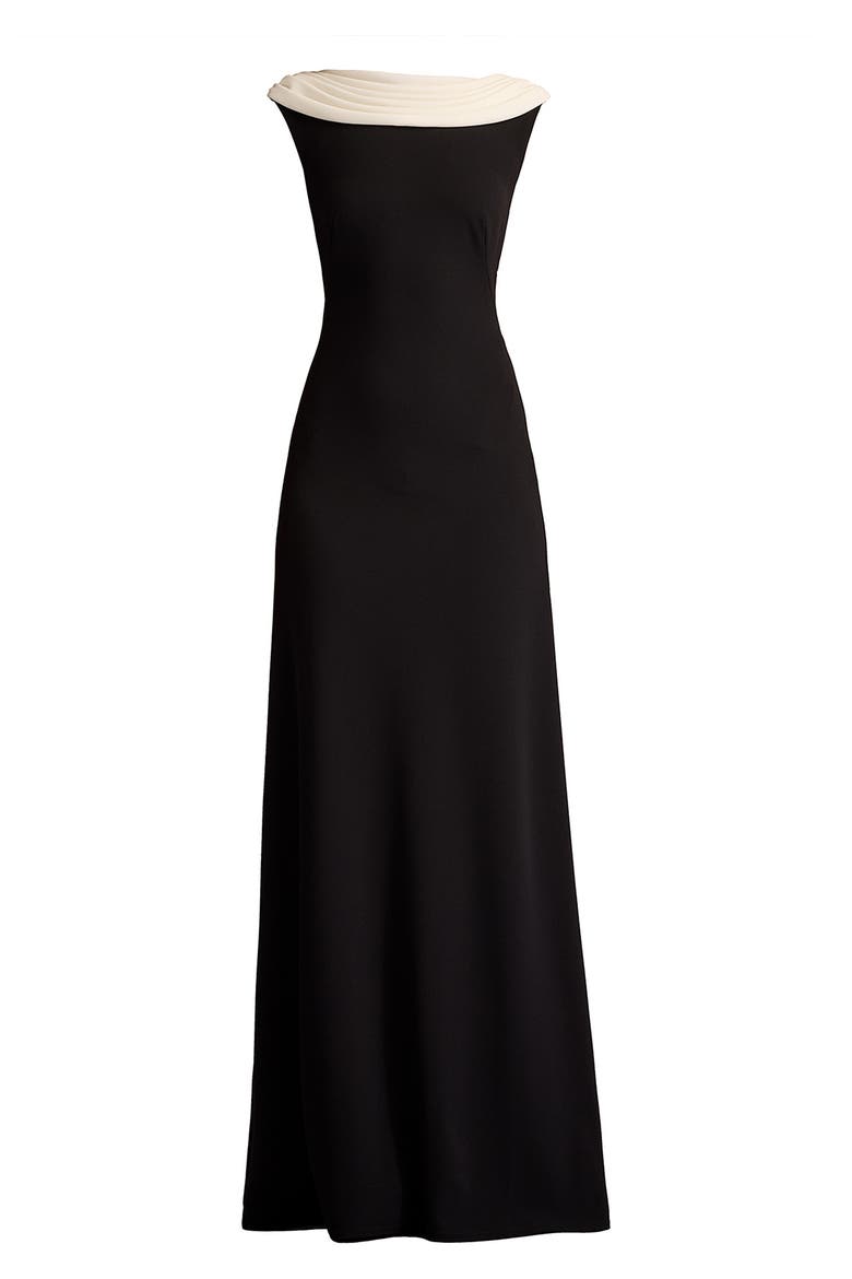 V-Back Crepe Gown, Alternate, color, BLACK/ IVORY