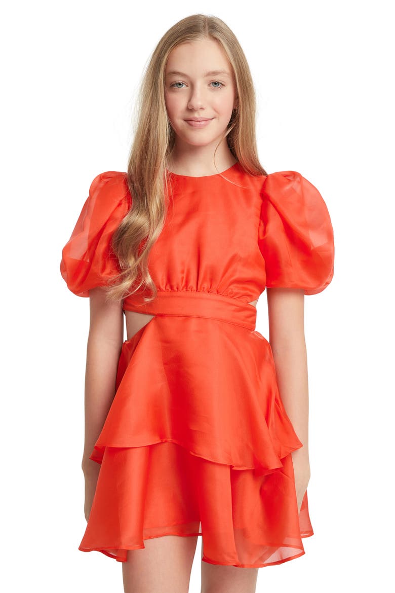 Kids' Enya Cutout Organza Minidress, Alternate, color, FIRE RED