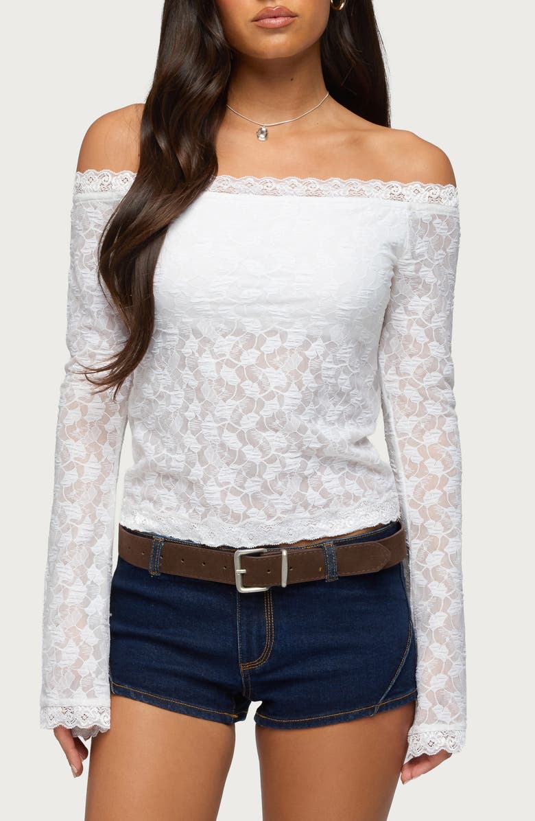 EDIKTED Off the Shoulder Sheer Lace Top, Main, color,