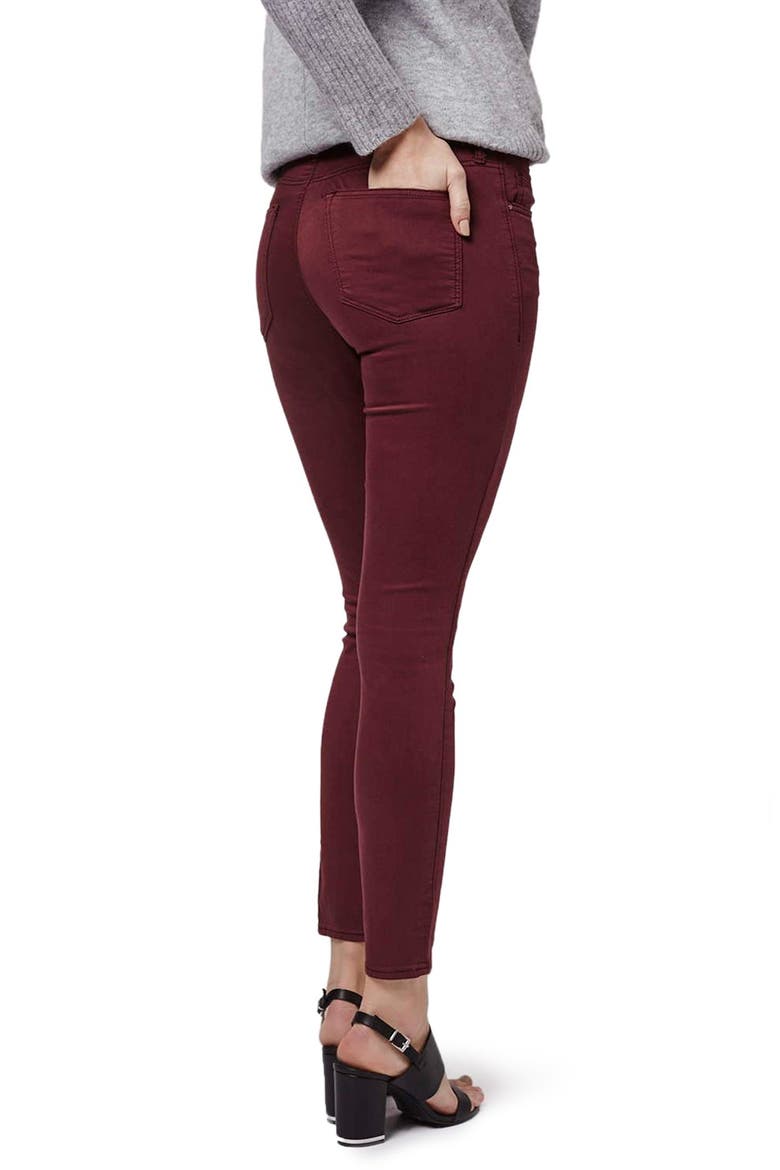 Moto 'Leigh' Ankle Skinny Jeans, Alternate, color, BURGUNDY
