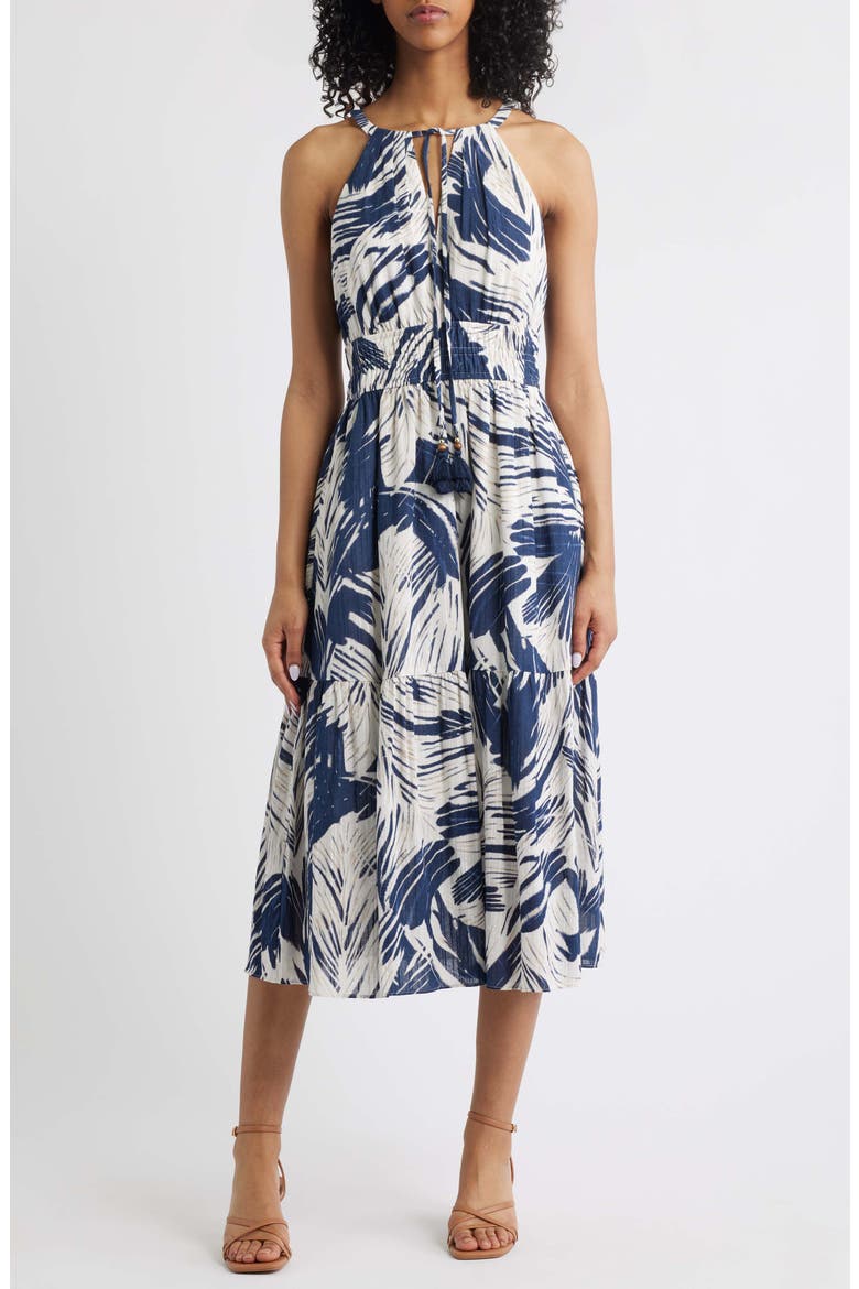 Leaf Print Cotton Halter Neck Midi Dress, Main, color, NAVY