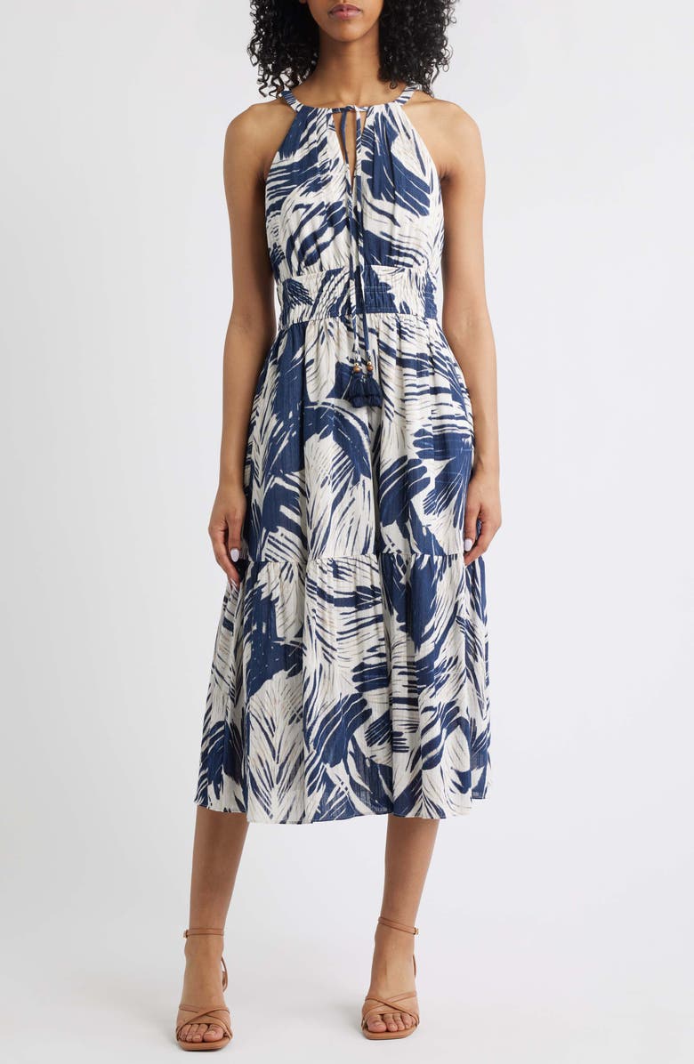 Vince Camuto Leaf Print Cotton Halter Neck Midi Dress, Main, color, Navy