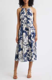 Vince Camuto Leaf Print Cotton Halter Neck Midi Dress