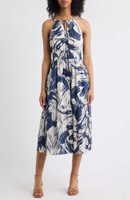 Vince Camuto Leaf Print Cotton Halter Neck Midi Dress