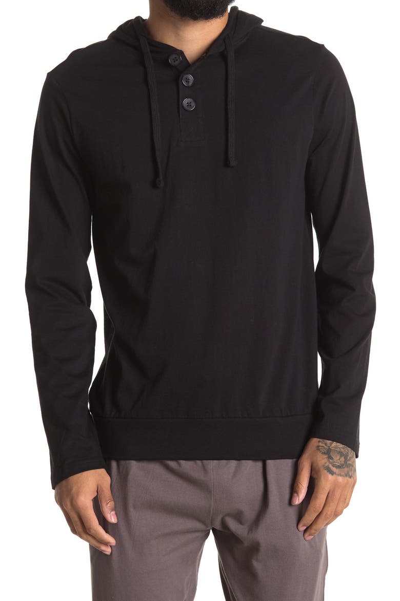 Long Sleeve Light Weight Hooded Henley, Alternate, color, BLACK