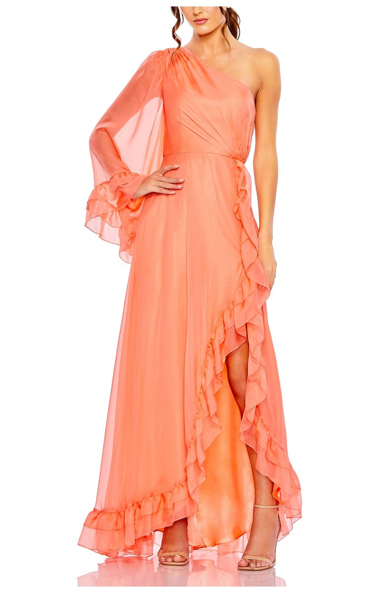 Mac Duggal One Sleeve Ruffled Hem Gown, Main, color, Light Coral