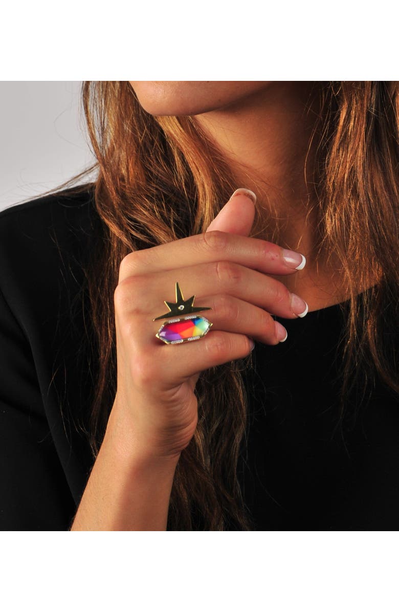 LuvMyJewelry Bangpop Half Star Design Diamond Yellow Gold Plated Silver Mosaic Open Ring, Alternate, color, 