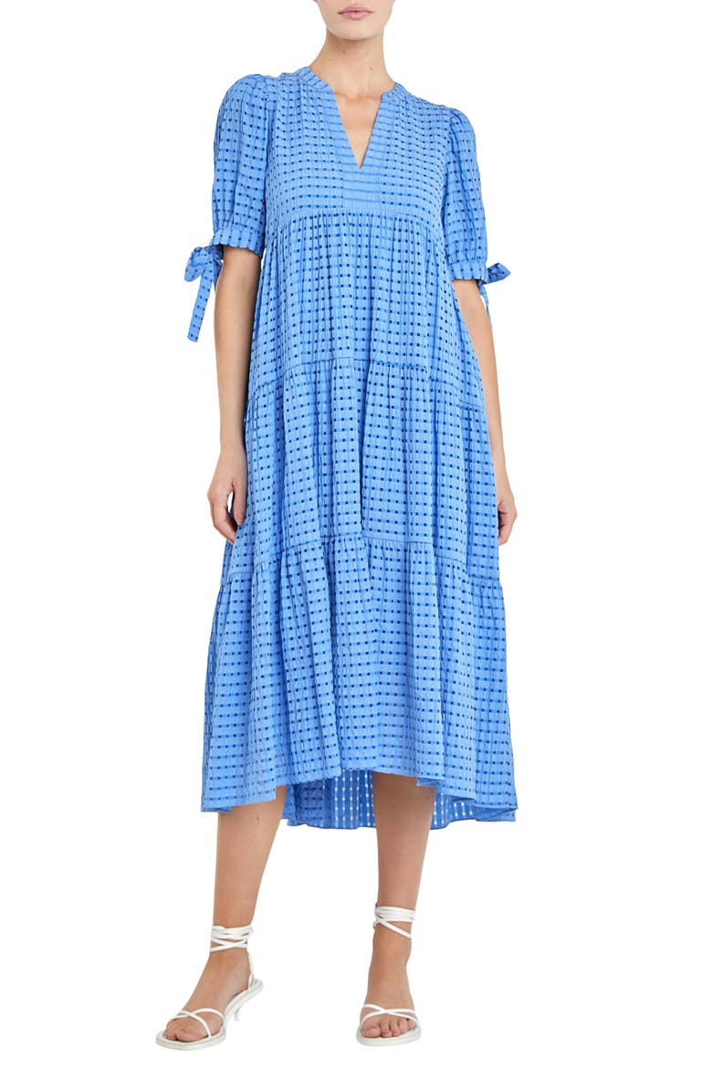 Gingham Tiered Midi Dress, Main, color, COBALT