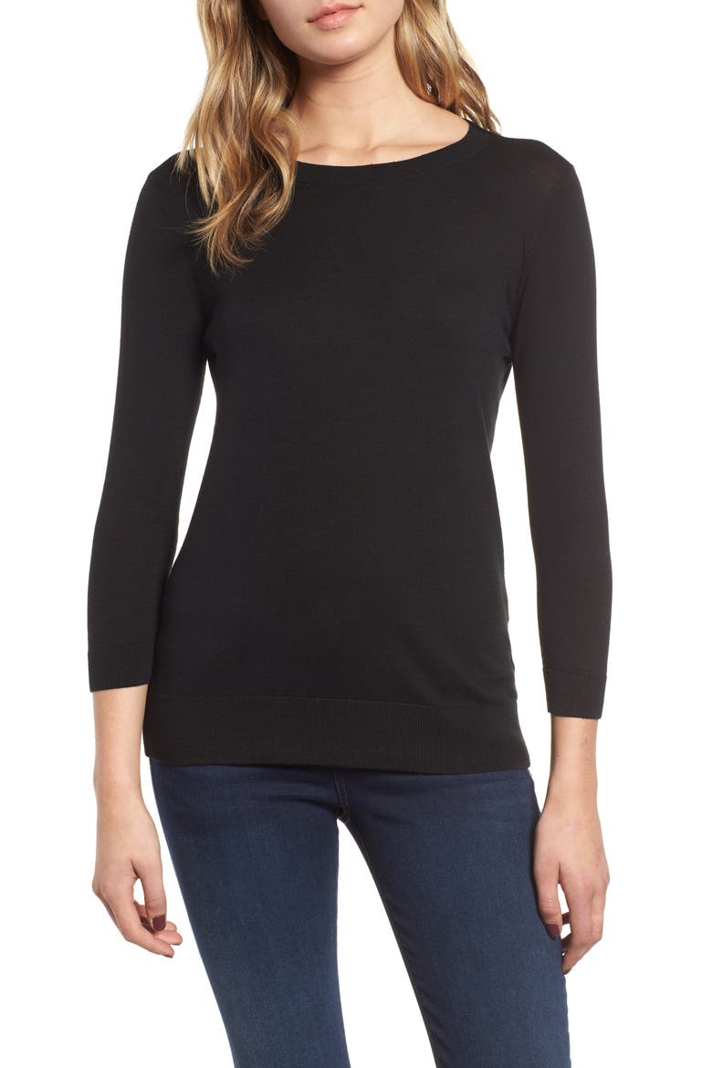 Back Button Crewneck Sweater, Main, color, BLACK