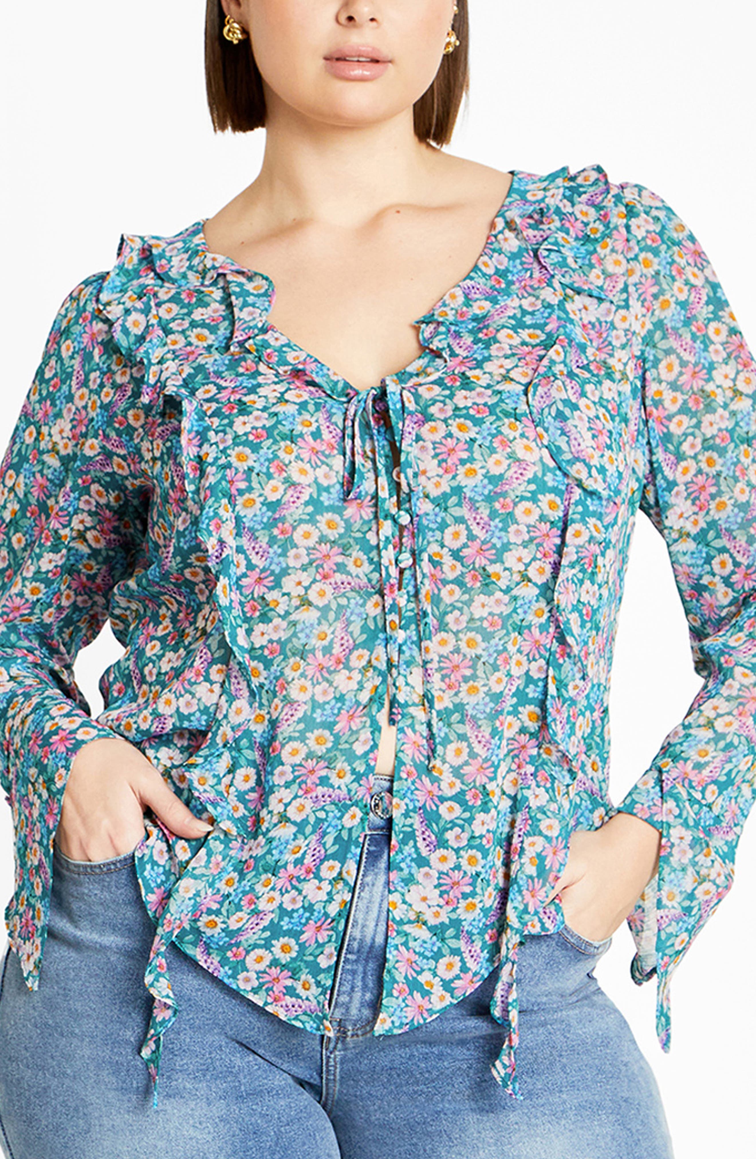 Lidia Floral Ruffle Long Sleeve Chiffon Top