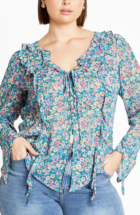 Lidia Floral Ruffle Long Sleeve Chiffon Top (Plus)
