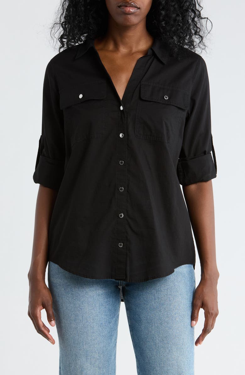 DKNY Solid Roll Sleeve Button-Up Shirt, Main, color, Black