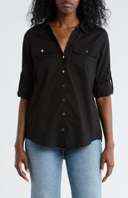 DKNY Solid Roll Sleeve Button-Up Shirt