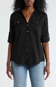DKNY Solid Roll Sleeve Button-Up Shirt