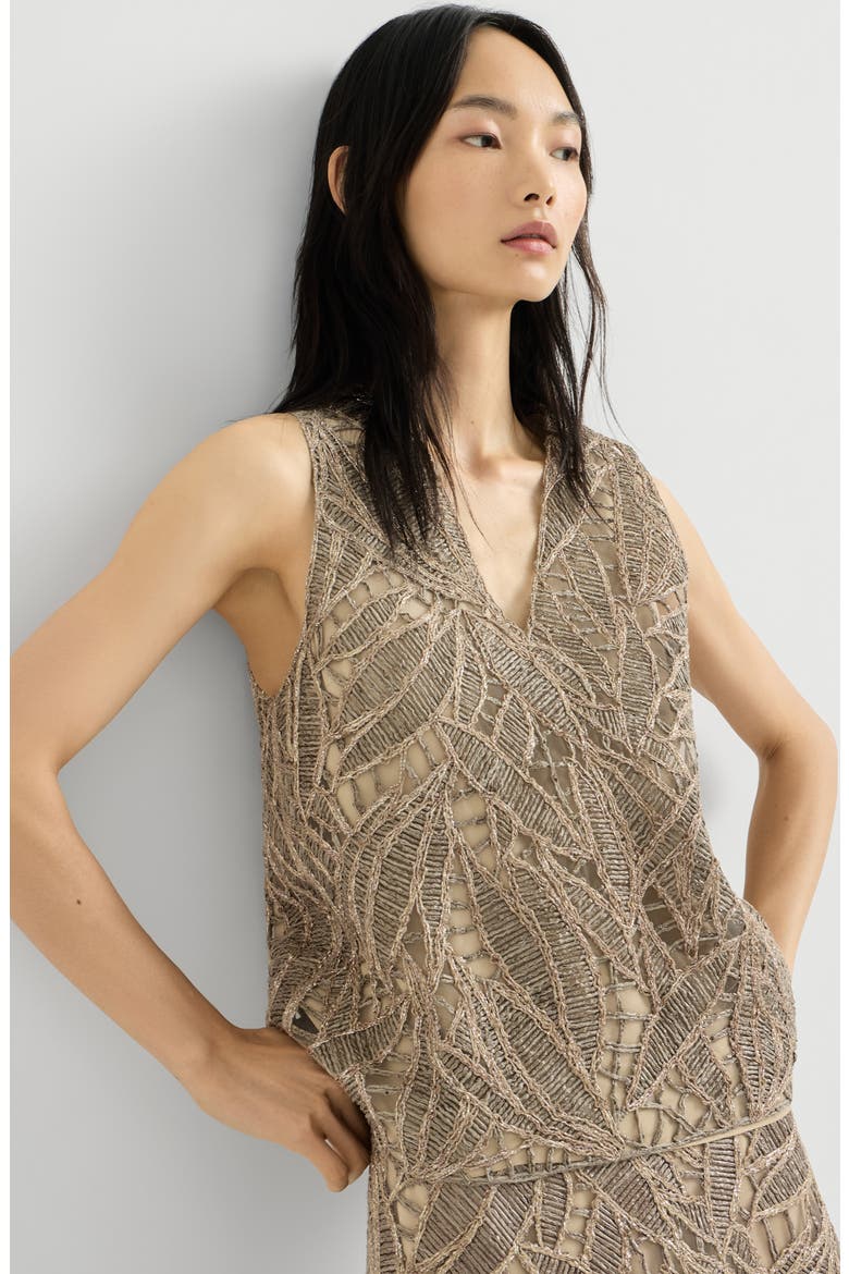 Linen and cotton dazzling cacao leaves embroidery top, Alternate, color, Rope