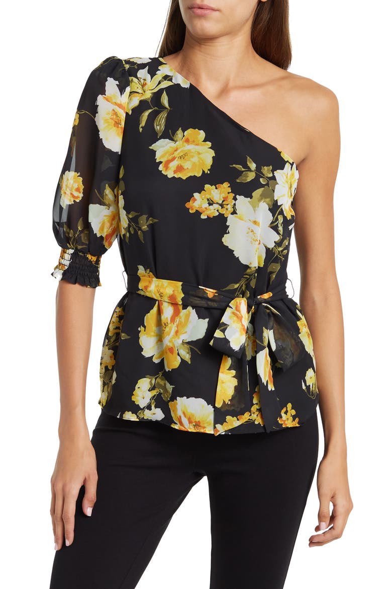 One Shoulder Blouse, Main, color, BLACK YELLOW FLORAL