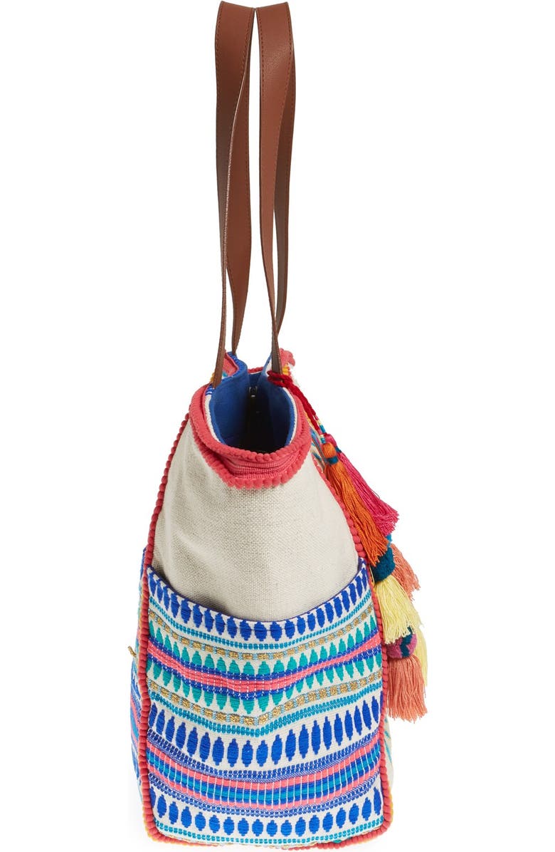 STEVEN by Steve Madden Embroidered Pompom Tote, Alternate, color,