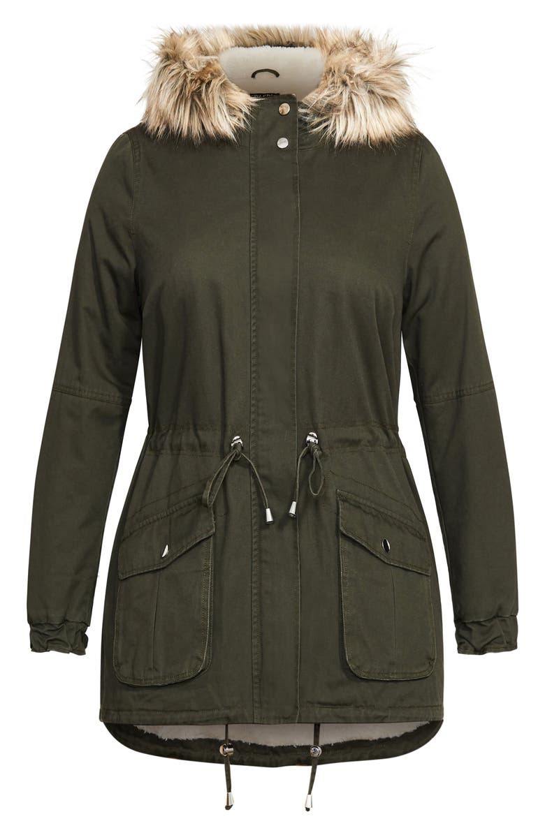 City Chic Explorer Parka with Faux Shearling Lining, Main, color, Khaki
