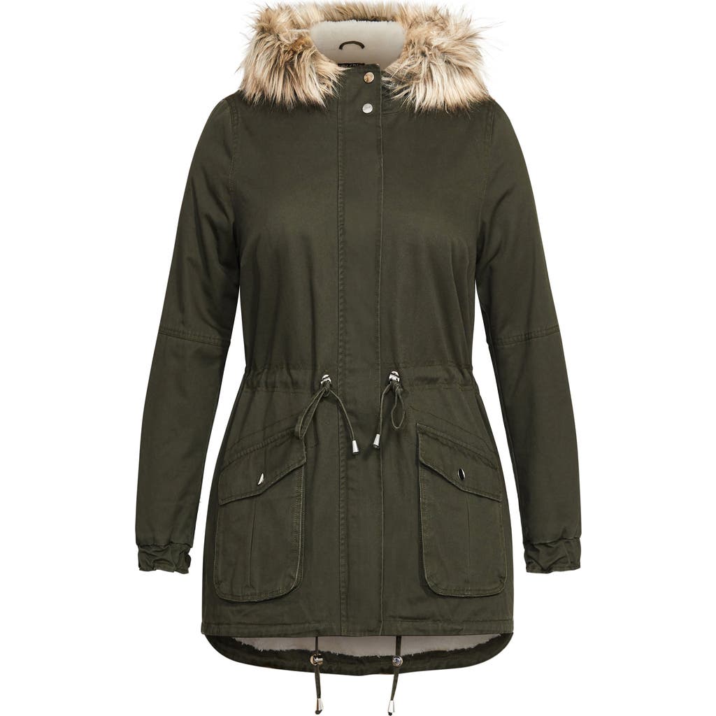 City Chic Explorer Parka With Faux Shearling Lining In Green
