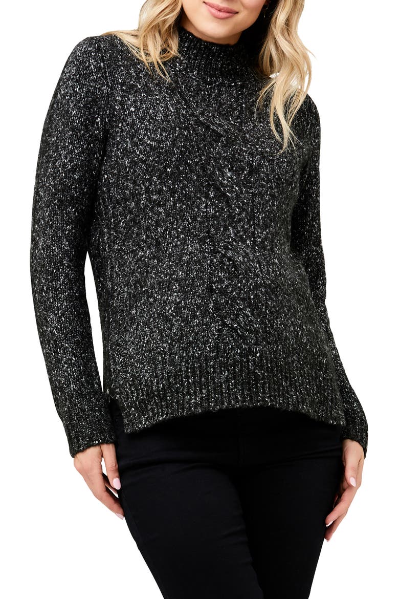 Cable Knit Mock Neck Maternity/Nursing Sweater, Main, color, BLACK