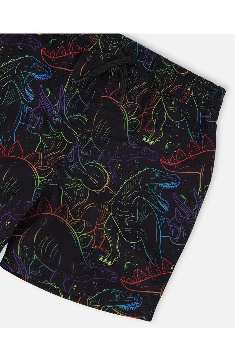 Deux par Deux Above the Knee Elastic Waist Dinosaur Swim Trunks, Alternate, color, Black Dinosaur Print