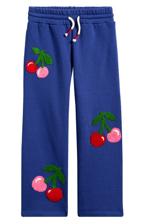 Shop Mini Boden Kids' Cherry Appliqué Wide Leg Graphic Sweatpants In Starboard Blue Cherries