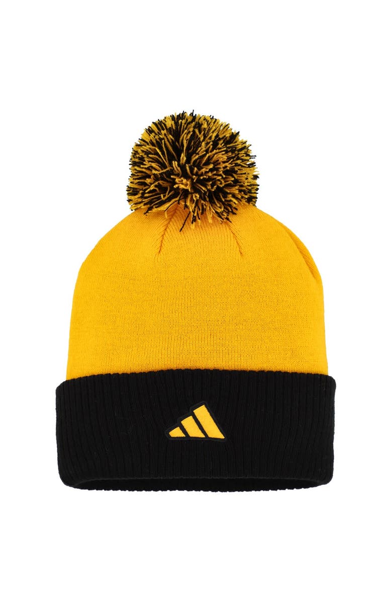 adidas Women's adidas Gold Boston Bruins Laurel Cuffed Knit Hat with Pom, Alternate, color,