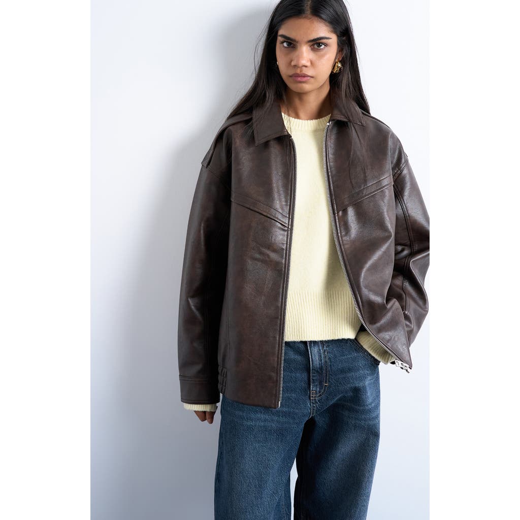 Topshop Faux Leather Vintage Wash Seam Detail Zip Up Bomber Jacket In Brown