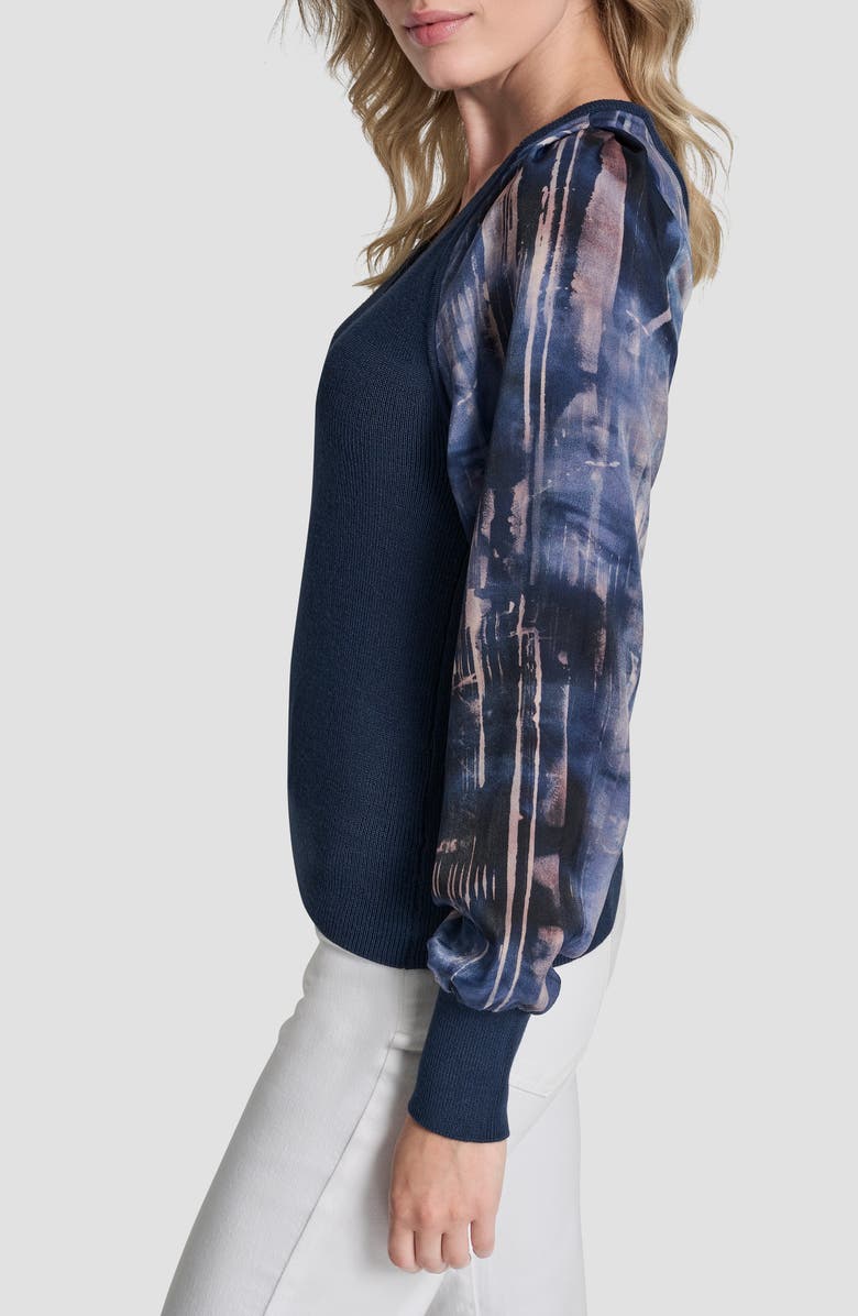 DKNY Printed Sleeve Mixed Media Sweater, Alternate, color, Hudson Blue/Hudson Lights