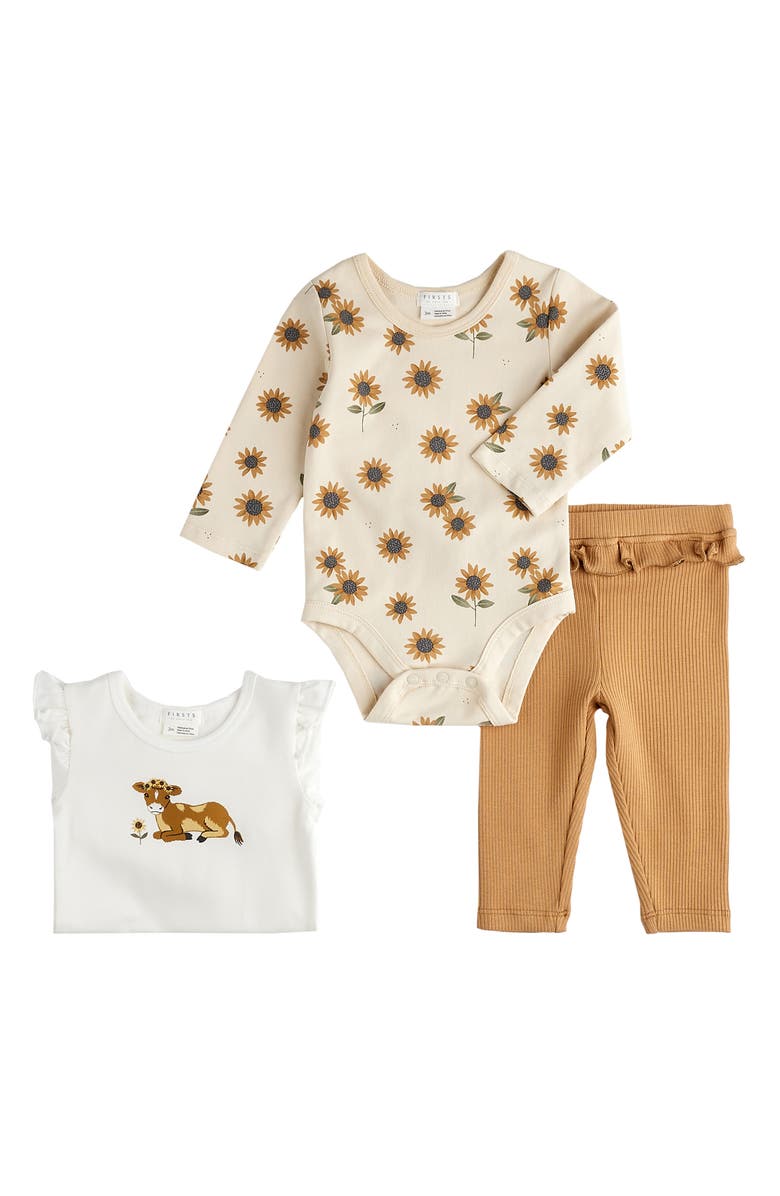 FIRSTS by Petit Lem Sunflower & Calf Print Cotton Bodysuits & Solid Joggers Set, Main, color, 