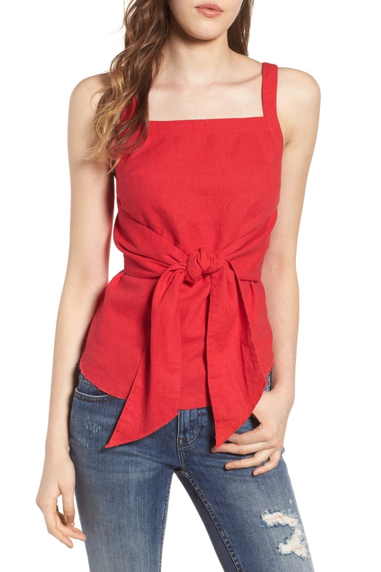Tie Front Linen Blend Tank Top, Main, color, RED LIPSTICK