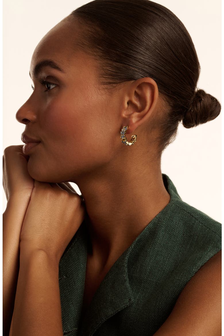 Clarence Crystal Cluster Hoop Earrings, Alternate, color, GOLD TONE BLUE MULTI CRYSTAL