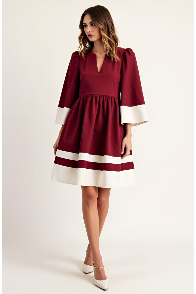 Fit and Flare Mini Dress with Contrast Cuff, Hemline and Notch Neck, Alternate, color, Burgundy