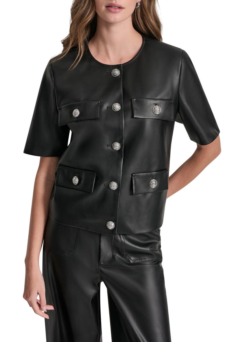 Short Sleeve Faux Leather Jacket, Main, color, BLACK/ SHINY SILVER