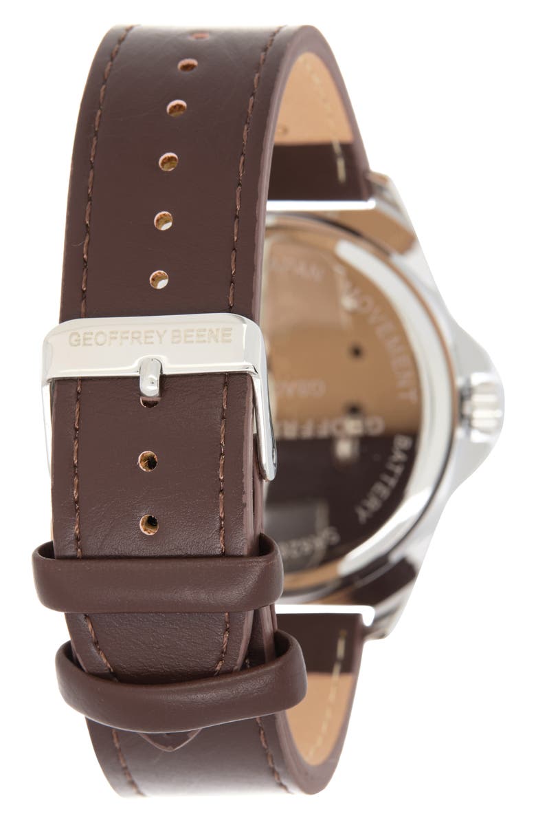GEOFFREY BEENE Diamond Dial Leather Strap Watch, 42mm, Alternate, color, Silver