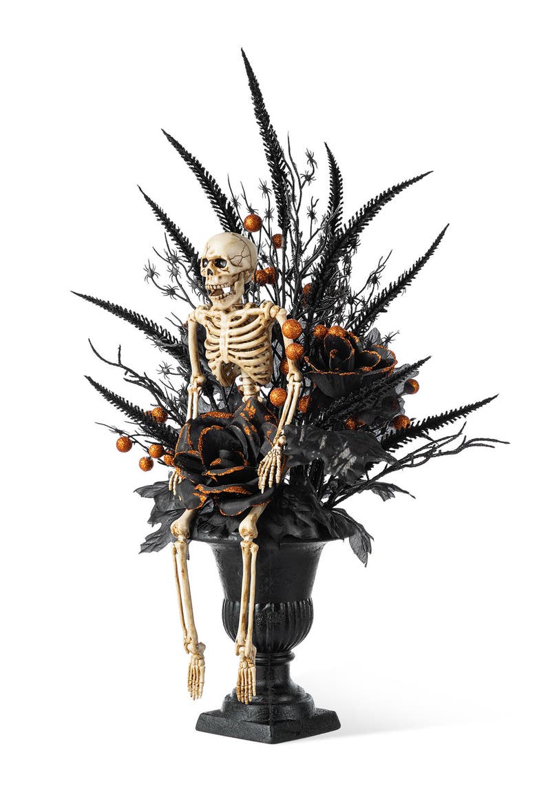 22"H Halloween Black Rose Skeleton and Berry Urn Table Tree, Main, color, Black