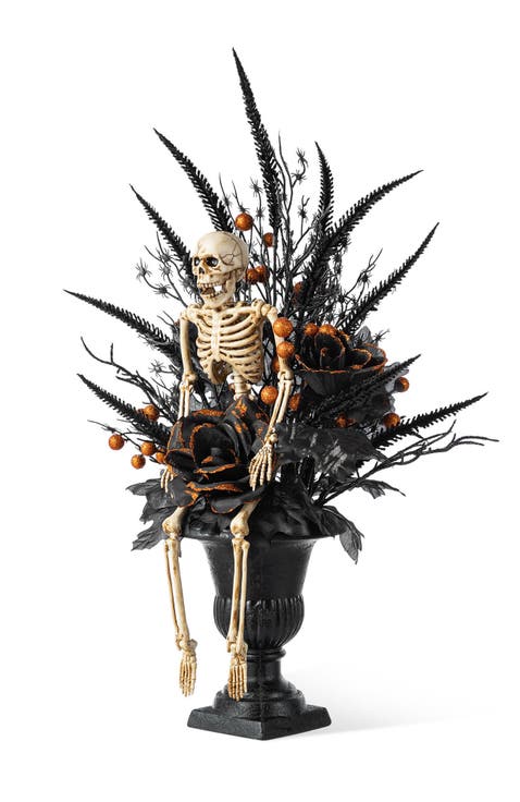 22"H Halloween Black Rose Skeleton and Berry Urn Table Tree