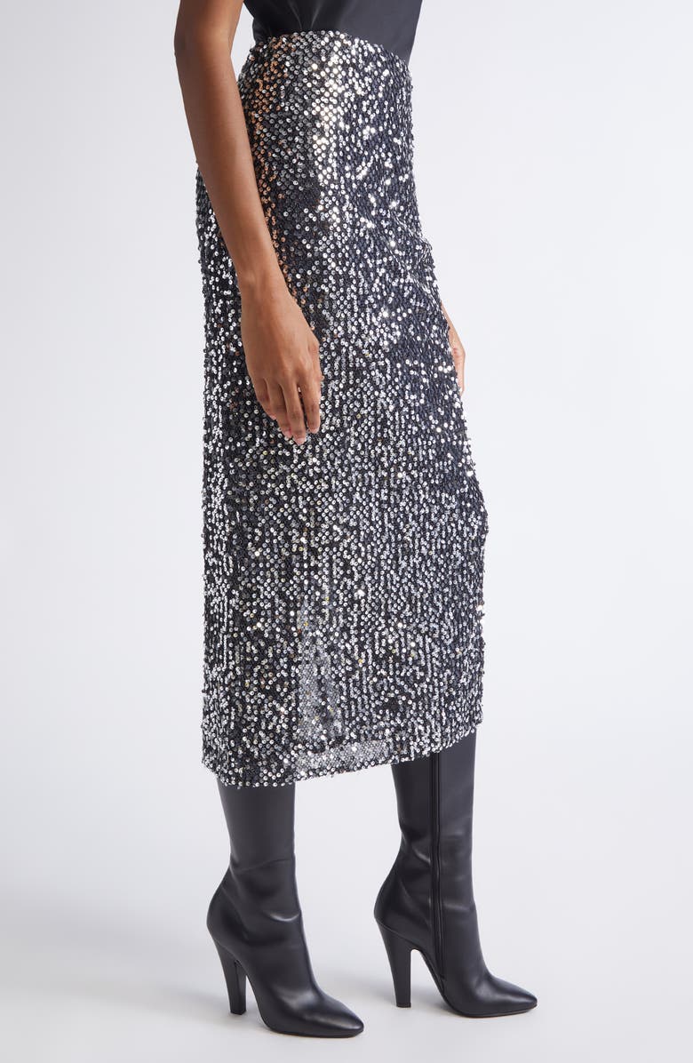 ST. JOHN Paillette Embroidered Metallic Mesh Skirt, Alternate, color, Black Silver