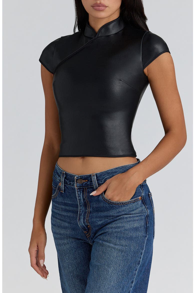 Bobbi Mandarin Collar Faux Leather Crop Top, Alternate, color, BLACK