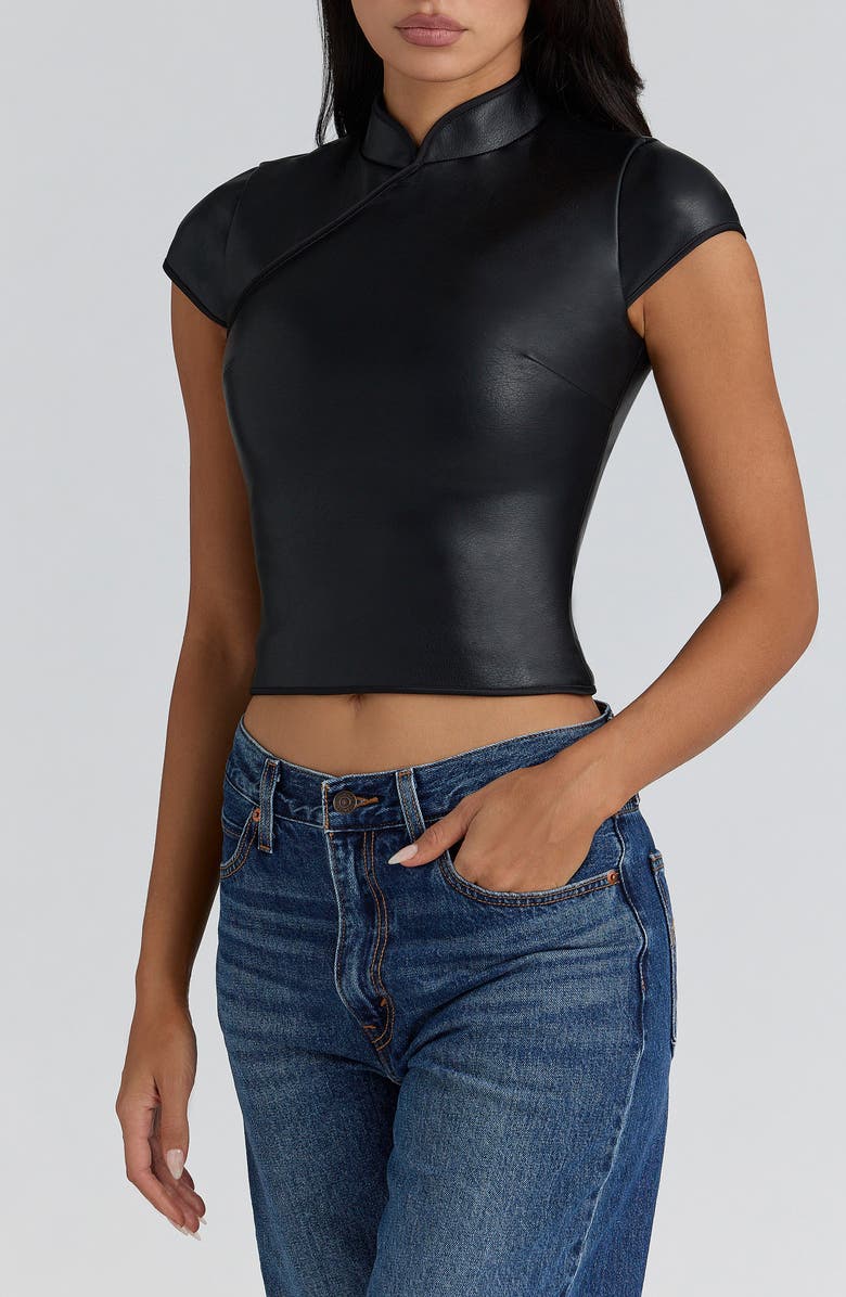 HOUSE OF CB Bobbi Mandarin Collar Faux Leather Crop Top, Alternate, color, Black
