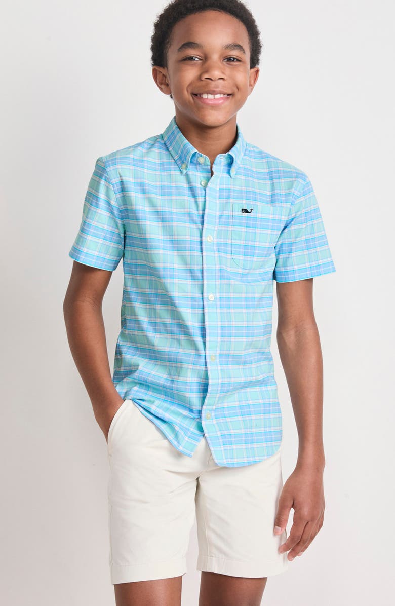 vineyard vines Kids' Plaid Short Sleeve Button-Down Shirt, Alternate, color, Sea Splash