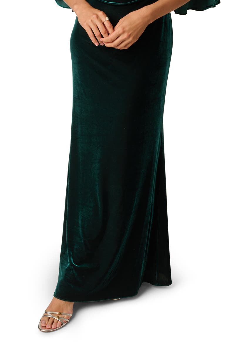 Bell Sleeve Off the Shoulder Stretch Velvet Rosette Gown, Alternate, color, HUNTER
