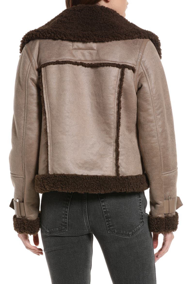 Women's Fleece Trim Faux Leather Bomber Jacket, Alternate, color, LIGHT BROW