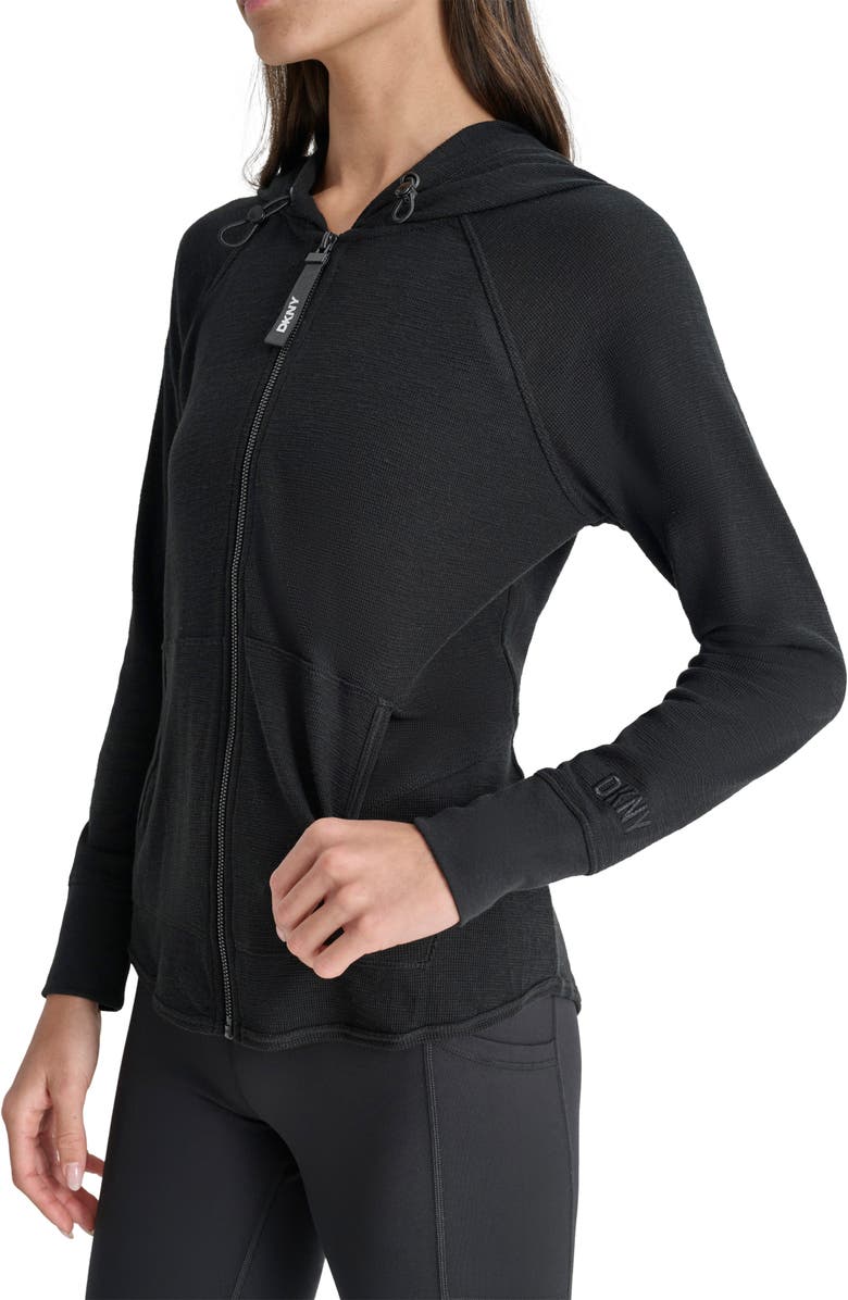 DKNY Slub Waffle Knit Zip Hoodie, Alternate, color, Black