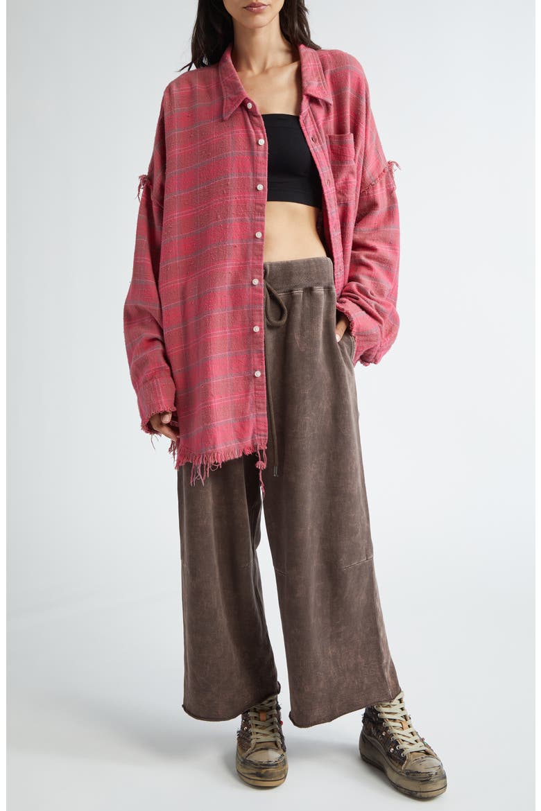 Shredded Seam Oversize Plaid Cotton Flannel Button-Up Shirt, Alternate, color, RASPBERRY OVERDYED PLAID