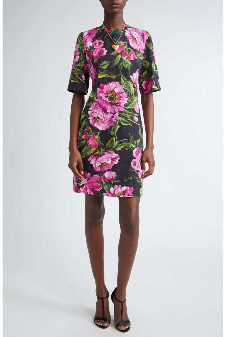Peony Jacquard Stretch Cotton Sheath Dress, Main, color, HN5KR PEONIE FUXIA F.NERO