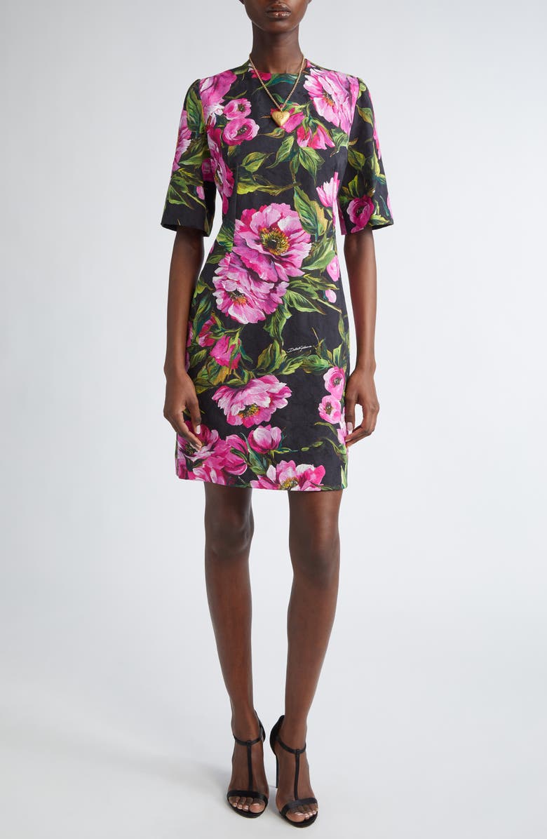 Dolce&Gabbana Peony Jacquard Stretch Cotton Sheath Dress, Main, color, Hn5kr Peonie Fuxia F.nero