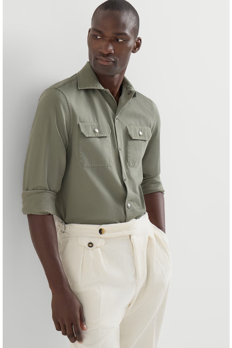 Garment-dyed overshirt in cotton gabardine with spread collar and chest pockets, Alternate, color, Military