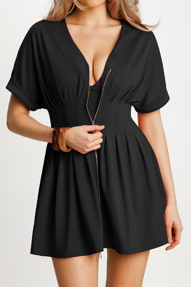 Zip Front Two-Piece Sculpting Mini Dress, Alternate, color, Black